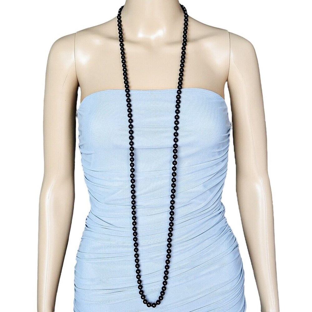 Vintage Signed LR Lady Remington Extra Long Black Glass Knotted Flapper Necklace